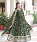 Mehndi vichitra silk sequins embroidered flared gown with heavy dupatta