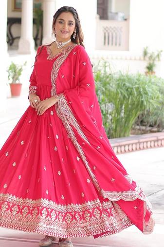 Pink vichitra silk sequins embroidered flared gown with heavy dupatta