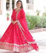Pink vichitra silk sequins embroidered flared gown with heavy dupatta
