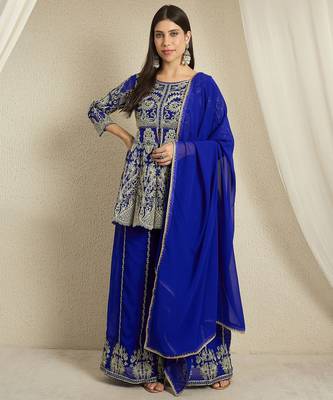 blue georgette  top with bottom and dupatta 3/4 sleeve embroidered a-line kurta palazzo set 1