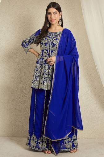 blue georgette   top with bottom and dupatta 3/4 sleeve embroidered a-line kurta palazzo set