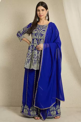 blue georgette   top with bottom and dupatta 3/4 sleeve embroidered a-line kurta palazzo set
