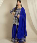 blue georgette  top with bottom and dupatta 3/4 sleeve embroidered a-line kurta palazzo set