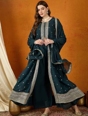 rama georgette  top with dupatta full sleeve embroidered flared kurta 1