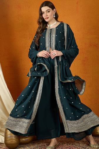 rama georgette   top with dupatta full sleeve embroidered flared kurta