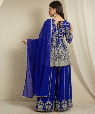 blue georgette  top with bottom and dupatta 3/4 sleeve embroidered a-line kurta palazzo set 2