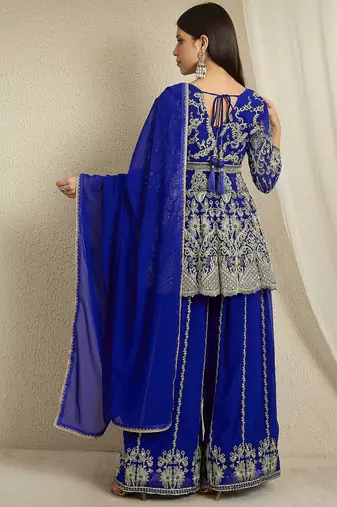 blue georgette  top with bottom and dupatta 3/4 sleeve embroidered a-line kurta palazzo set