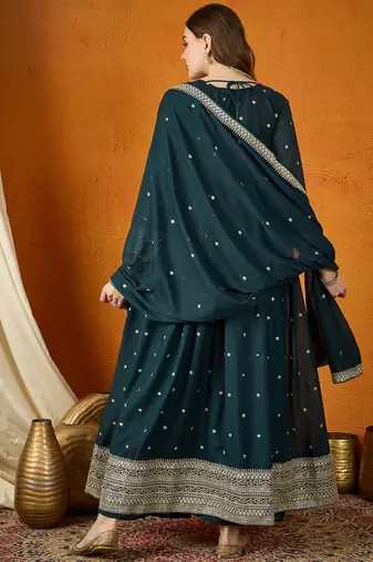 rama georgette  top with dupatta full sleeve embroidered flared kurta