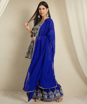 blue georgette  top with bottom and dupatta 3/4 sleeve embroidered a-line kurta palazzo set 3