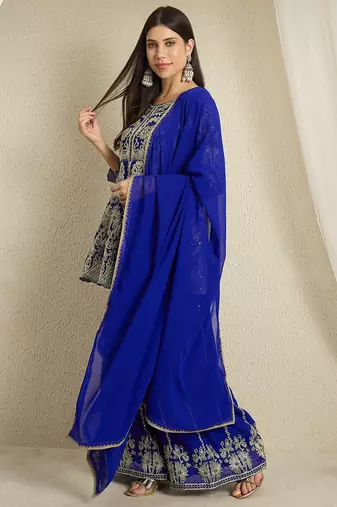 blue georgette  top with bottom and dupatta 3/4 sleeve embroidered a-line kurta palazzo set