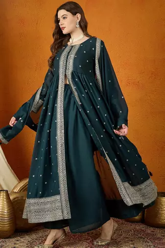 rama georgette  top with dupatta full sleeve embroidered flared kurta