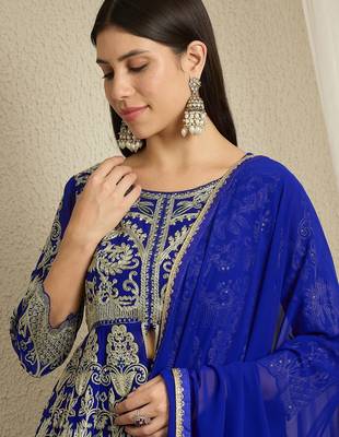 blue georgette  top with bottom and dupatta 3/4 sleeve embroidered a-line kurta palazzo set 4