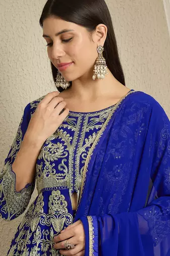 blue georgette  top with bottom and dupatta 3/4 sleeve embroidered a-line kurta palazzo set