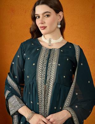 rama georgette  top with dupatta full sleeve embroidered flared kurta 4