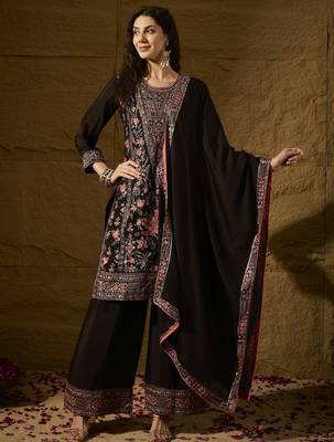 black chinon embroidered straight kurta with  bottom & chinon dupatta 1