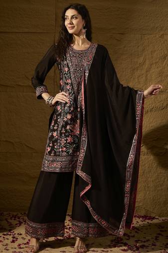 black chinon embroidered straight kurta with   bottom & chinon dupatta