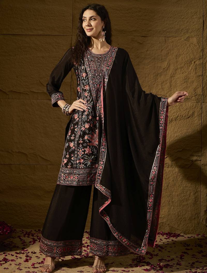 black chinon embroidered straight kurta with   bottom & chinon dupatta
