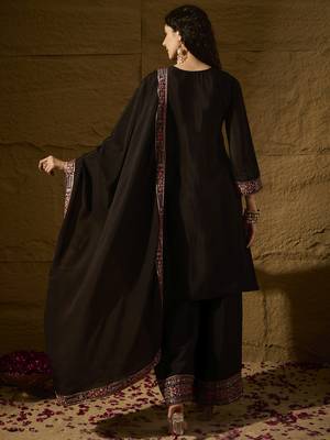 black chinon embroidered straight kurta with  bottom & chinon dupatta 2