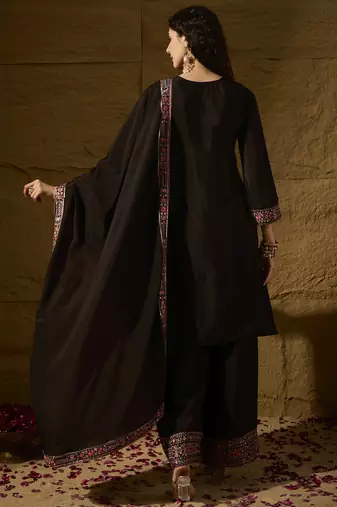 black chinon embroidered straight kurta with  bottom & chinon dupatta
