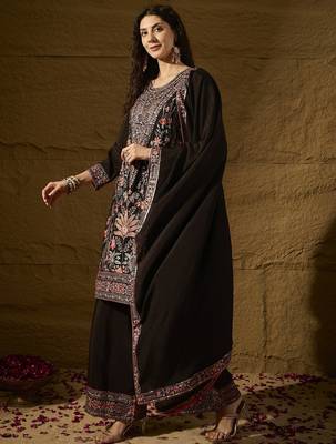 black chinon embroidered straight kurta with  bottom & chinon dupatta 3