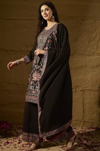 black chinon embroidered straight kurta with  bottom & chinon dupatta