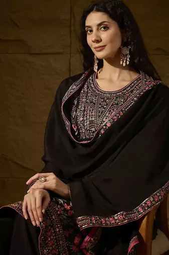 black chinon embroidered straight kurta with  bottom & chinon dupatta
