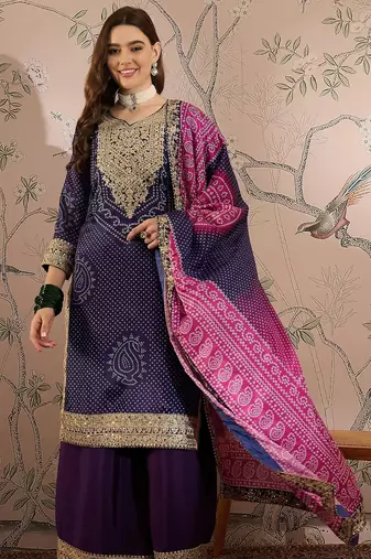 purple chinon embroidered straight top with   bottom & chinon dupatta