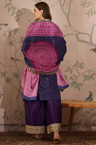 purple chinon embroidered straight top with  bottom & chinon dupatta