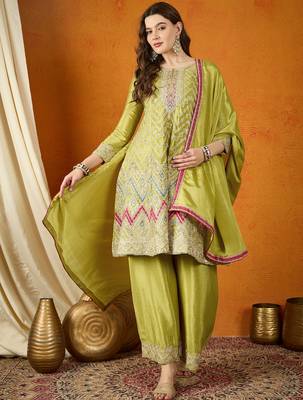 mehendi chinon embroidered a-line kurta with  bottom & chinon dupatta 1