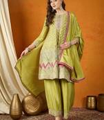 mehendi chinon embroidered a-line kurta with  bottom & chinon dupatta