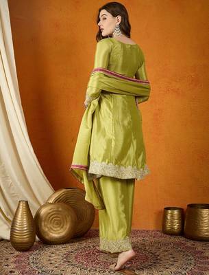 mehendi chinon embroidered a-line kurta with  bottom & chinon dupatta 2