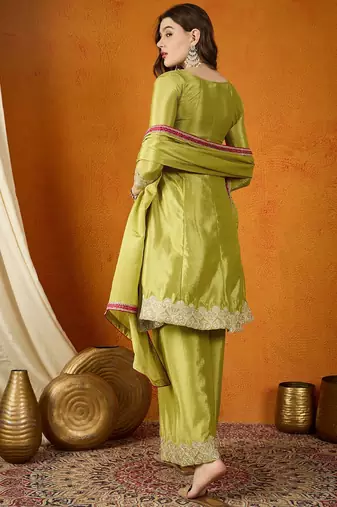 mehendi chinon embroidered a-line kurta with  bottom & chinon dupatta
