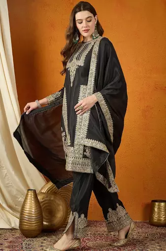 black chinon  top with bottom & dupatta | full sleeve embroidered straight top