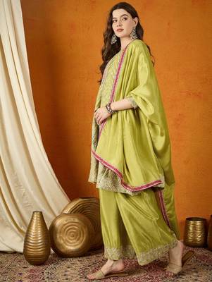 mehendi chinon embroidered a-line kurta with  bottom & chinon dupatta 3