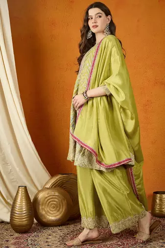 mehendi chinon embroidered a-line kurta with  bottom & chinon dupatta