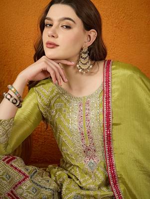 mehendi chinon embroidered a-line kurta with  bottom & chinon dupatta 4