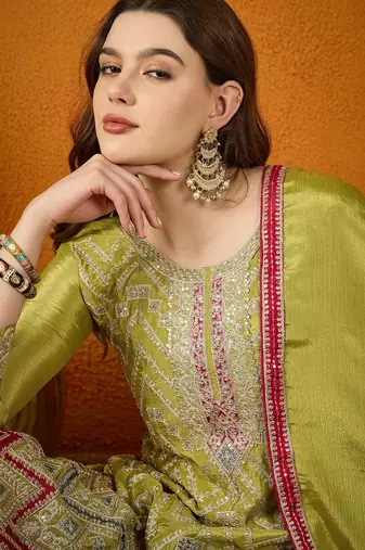 mehendi chinon embroidered a-line kurta with  bottom & chinon dupatta