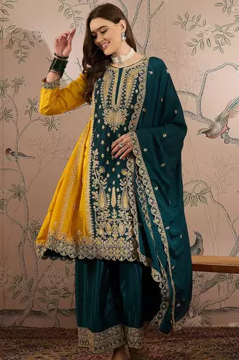 yellow chinon  anarkali kurta with bottom & dupatta