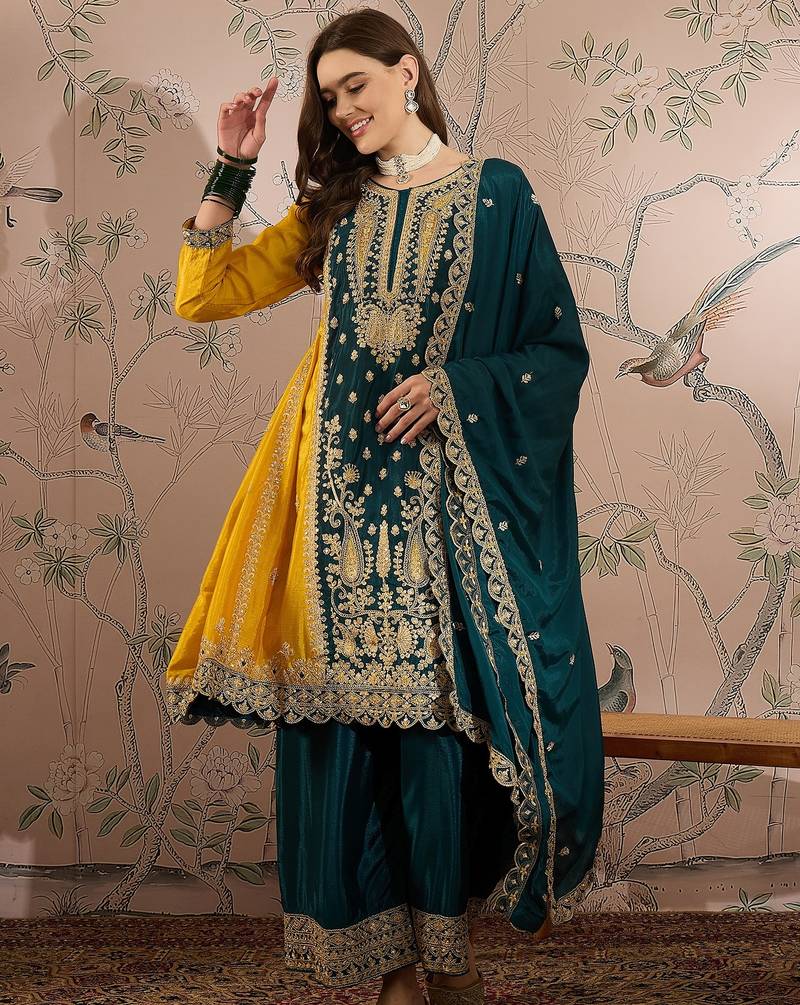 yellow chinon   anarkali kurta with bottom & dupatta