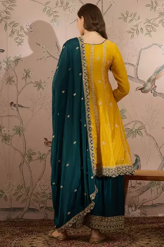 yellow chinon  anarkali kurta with bottom & dupatta