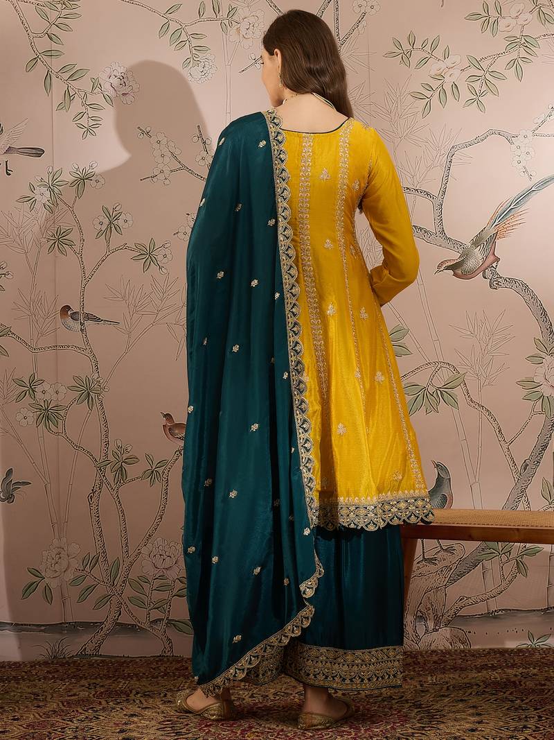 yellow chinon   anarkali kurta with bottom & dupatta