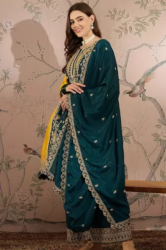 yellow chinon  anarkali kurta with bottom & dupatta