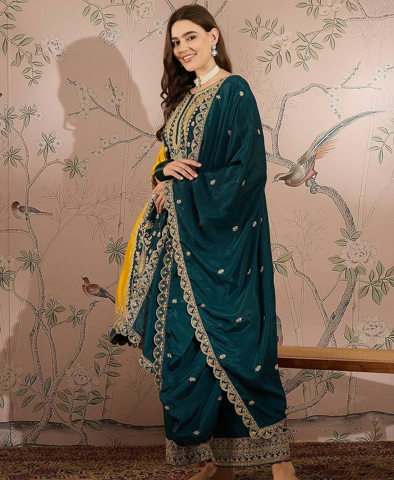 yellow chinon   anarkali kurta with bottom & dupatta