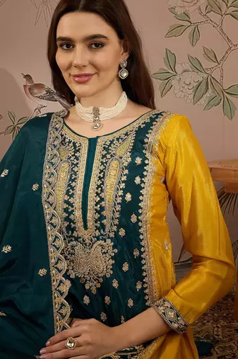 yellow chinon  anarkali kurta with bottom & dupatta