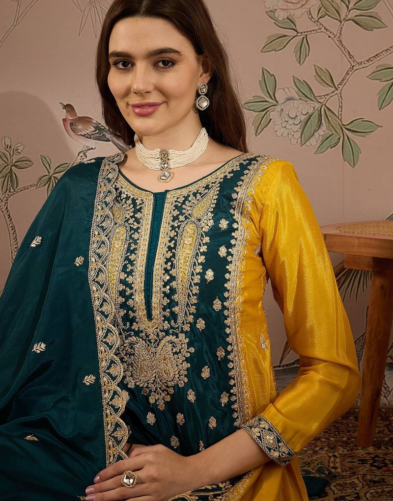 yellow chinon   anarkali kurta with bottom & dupatta