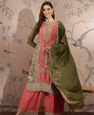 peach chinon embroidered straight kurta with  bottom & chinon dupatta 1