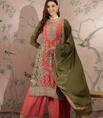 peach chinon embroidered straight kurta with  bottom & chinon dupatta