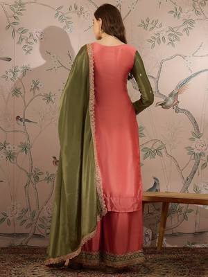 peach chinon embroidered straight kurta with  bottom & chinon dupatta 2