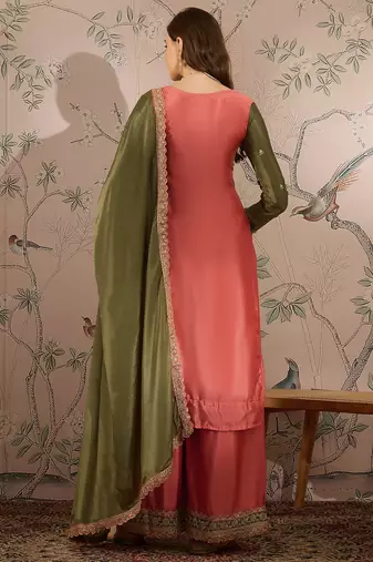 peach chinon embroidered straight kurta with  bottom & chinon dupatta