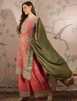 peach chinon embroidered straight kurta with  bottom & chinon dupatta 3